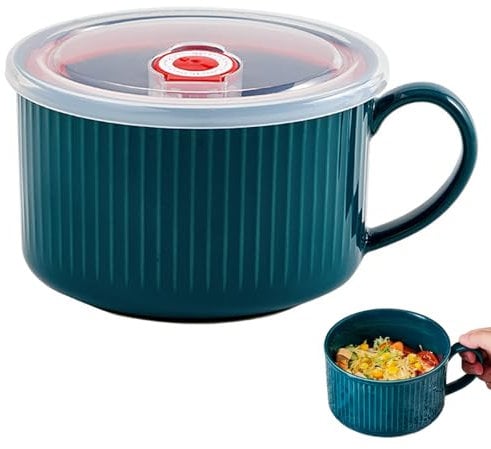 Ceramic Soup Bowls with Handles, Soup Mug Portable Microwave Bowl with Lid, Safe Breakfast Mug Containers for Instant Noodle Cereal Milk Salad Cappuccino