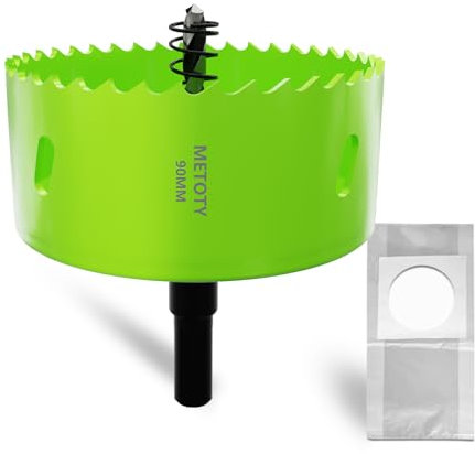 METOTY Scie cloche bi-métal 90 mm, universelle, HSS M42, avec adaptateur de tige triangulaire et foret de centrage, un sac à poussière pour aluminium, métaux, plastiques, verre acrylique, bois, plaque