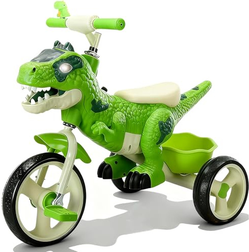 NMM Tricycle Dinausore, Tricycle Enfant avec klaxon en Forme de Dinosaure et Panier de Rangement, Dinosaure Velo avec Musique et LumièRes, Velo Enfant 2, 3, 4, 5, 6 Ans