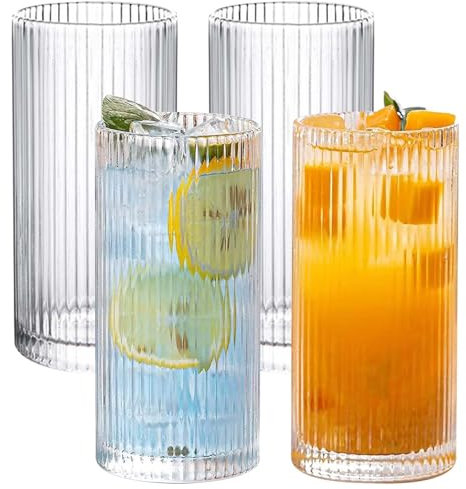 Longdrinkgläser 4er Set, 360ml Cocktailgläser Set aus Glas, Origami-Stil Longdrinkgläser für Whisky, Bier, Säfte, Mojito, Trinkgläser für Familie, Camping, Party, Trinkgläser spülmaschinenfest