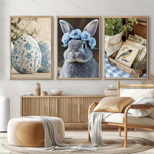 Uixxducc 3er Lustige Tiere Poster Set, Niedliche Hasen Bunte Eier Bilder Wohnzimmer Deko Schlafzimmer Wandbilder Ostern Dekoration Bild Kunstdruck Leinwandbild,ohne Rahmen (50x70cm)