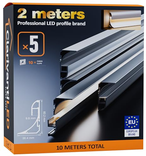 ClarivantiLED 2m×5 Profilé Aluminium LED Rail avec Diffuseur Goulotte et Profile Alu pour Ruban LED Profilé en U pour Installation Facile Support LED Couvercle Blanc Embouts et Clips Montage