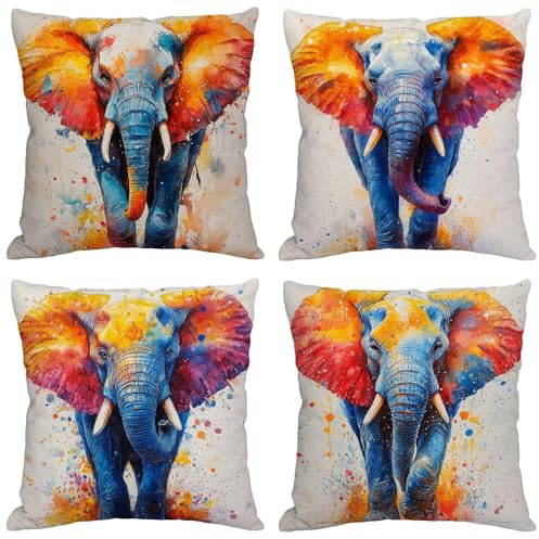 Kissenbezug 35x35cm Bunt Outdoor Kissen Wetterfest Leinen Kissenbezüge Elefant 4 Stück mit Unsichtbarer Reißverschluss Dekokissen für Couch Terrassen Garten Balkon Deko Wasserdichte Sitzkissen BZ-27