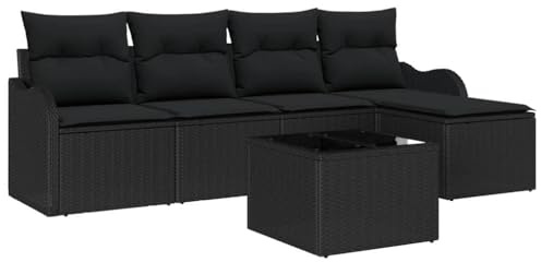 vidaXL 5-teiliges modulares Outdoormöbelset mit Kissen in Schwarz aus Poly Rattan für Balkon, Garten und Patio. Moderne, anpassbare Lounge für die Terrasse.