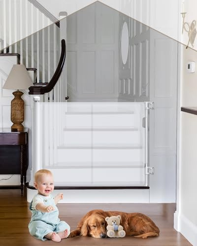 HOMGEN Treppenschutzgitter Türschutzgitter Kindergitter – Ausziehbar 0-300CM, Schutzgitter für Hunde Kinder, Einhandbedienung, Verstellbare Breite, Glasfaserverstärkt, Für Treppen, Türen- Weiß