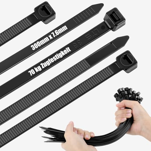 Kabelbinder Schwarz 100 Stück, 300mm × 7,6mm, Kabelbinder, Verbreitert und Verdickt, Zugfestigkeit 70 kg, UV-beständig, Verstellbare NylonKabelbinder