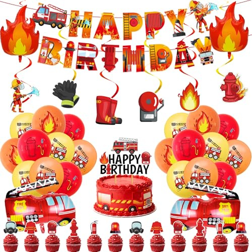 Feuerwehr Geburtstag Deko Ballons Junge - 44 Stück Feuerwehrmann Geburtstag Deko mit Happy Birthday Banner, Flamme Luftballon und Kuchendekoration für 3 Jahre Jungen Dekoration