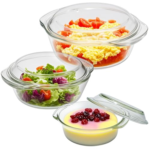 Lot de 3 Cocottes Rondes en Verre avec Couvercle, 0,7 L / 1,5 L / 2 L, Plats à Gratin en Verre Borosilicaté Transparent, Résistants au Four et au Lave-Vaisselle, pour Cuisson, Service et Conservation