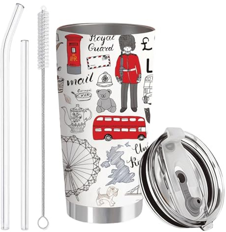 Cunegra London Geschenk Thermobecher mit Spruch, 600ml Edelstahl Becher mit Deckel und Strohhalm, Doppelseitiger Druck, London Souvenir für Reisebegeisterte, England Geschenke für Reisende
