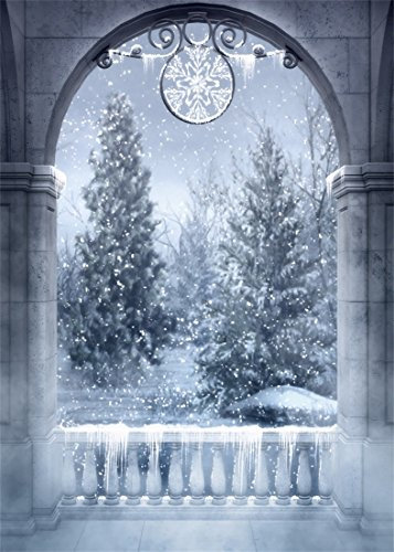 YongFoto 1x1,5m Vinyl Foto Hintergrund Märchen Balkonblick Winterlandschaft Schneeflocke Fotografie Hintergrund für Photo Booth Baby Party Banner Kinder Fotostudio Requisiten