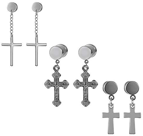 Aroncent 3 Paar Kreuz Ohrringe Set Edelstahl Jesus Christus Kruzifix Fake Plugs Tunnel Ohrstecker Ohrhänger Ohr-Piercing Silber für Herren Damen