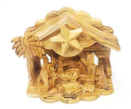 Handgeschnitztes Bethlehem Olivenholz Miniatur Krippe Set mit Stall 12 Stück (15,2 cm Musikstall)