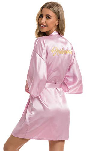 Vlazom Kimono Femme Bride Satin Peignoir Mariee Bridemaid Robe de Chambre ,M,Rose Clair pour Bridemaid