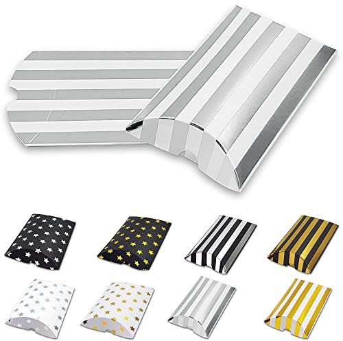 Frau WUNDERVoll® 12 Kissenschachteln matt weiß, Silber gestreift metallic 15x7,5cm (flach), 250g / Kissenverpackungen, Pillow Box, Faltverpackung, Geschenkverpackung, Gastgeschenk, Adventskalender