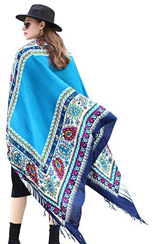 DANA XU Luxuriöser Pashmina-Schal aus 100 % reiner Wolle, übergroß, warm, Blumenmuster, Kaschmir, Schal und Wickeltuch für Damen, Decke, Umhang, 29 Blau, 96*42 INCHES