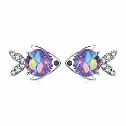 Qings Fisch Ohrstecker Damen Sterling Silber CZ Tier Ohrstecker Persönlichkeit Bunter Fischohrring für Mädchen