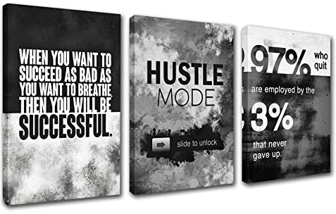 Wandkunst, motivierende Poster, inspirierende Wanddekoration, motivierende Leinwand, Wandkunst, Erfolg Hustle, Poster, Unternehmer-Zitat, 3 Stück, Gemälde, Kunstwerke für Heimdekoration, Holzrahmen