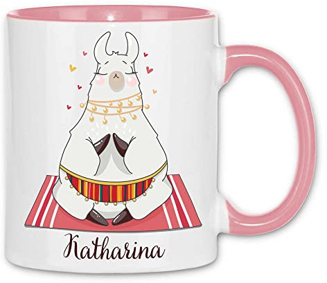 wowshirt Tasse Personalisierte Geschenk-Idee Lama Alpaka Eigener Name Meditation Relax, Farbe:White - Pink