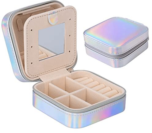 Darbermu Mini Portable Jewelry Box Organiser, Travel Jewellery Case, Leather Double Layer Jewelry Box with Mirror, Rings Earrings Necklace Jewelry Gift Box Girls Women