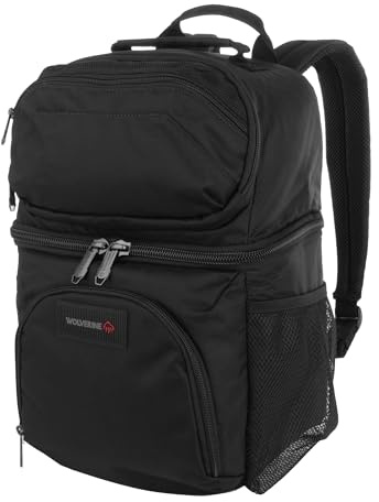 WOLVERINE 18 Can Cooler Backpack | Durable Nailhead Nylon, Dual Compartment Cooler & Dry Storage, Padded Mesh Back Panel, & Exterior Water Bottle Pockets