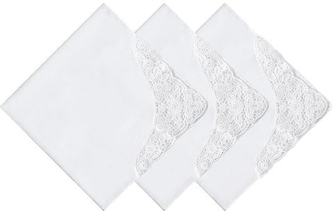 HOULIFE Stofftaschentücher Damen - Taschentuch Hochzeit, Stoff Taschentücher aus Gekämmte Baumwolle Weich Weiße Blumen Stickereien mit Spitzen, 3/6 Stücke, 43x43cm (3, Weiß 3)