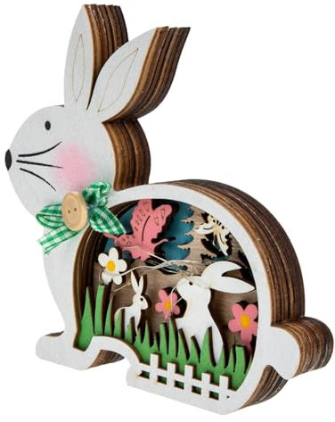 LABRIMP Osterhase Figur Kaninchen Skulptur mit LED Beleuchtung Holz Ornament Aufsteller Blumen Schmetterlinge Osterdeko Tischdeko für Ostern Party Zuhause Wohnzimmer Frühlingsdeko