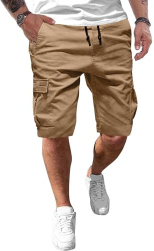 JMIERR Cargo Shorts Herren Baumwolle Kurze Hosen Herren Elastische Taille mit Taschen Khaki L