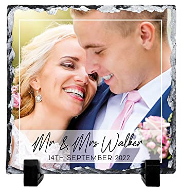 Shopagift Personalised Wedding Gift Mr & Mrs Newly Weds Custom Rock Slate Photo with Stand 15cm Square