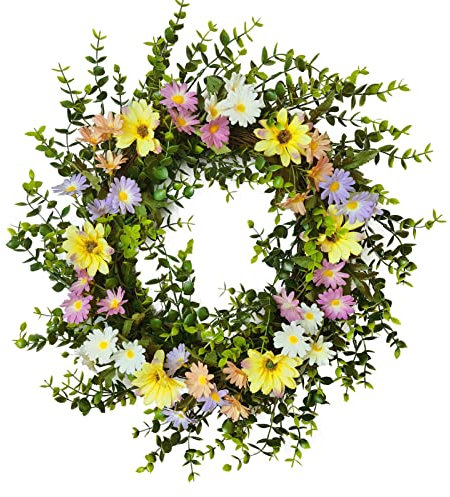 WACAR Door Wreaths, Spring Summer All Seasons Wreath, Artificial Daisy Green Leaves Wreaths for Front Door Outdoor Window Wall Garden Wedding Festival Party Home Decoration