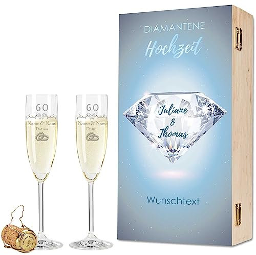 Leonardo Flûtes à champagne avec gravure - Mariage diamanté 60 ans - Personnalisables avec nom et date avec boîte en bois - Cadeau de mariage, fiançailles anniversaire - Couleur : champagne