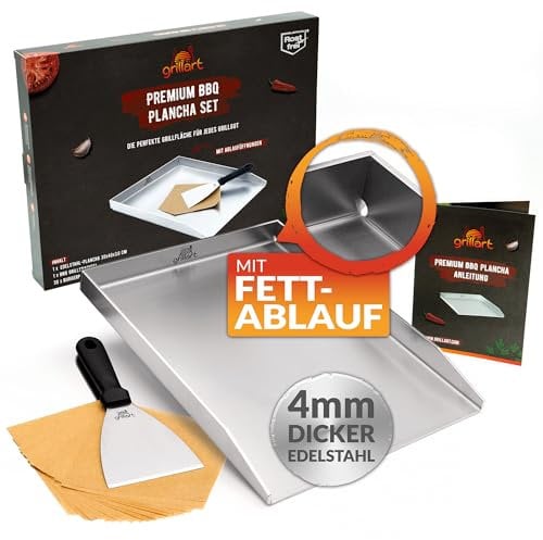 grillart® Premium Plancha Grillplatte mit Grillspachtel aus massiven 4mm Edelstahl – 30x40cm Universalgröße auch Induktion geeignet – Spülmaschinenfest und rostfrei