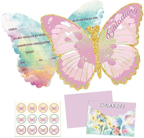 12 Stück Deutsch Schmetterling Einladungskarten, Party Invitation Cards, Schmetterling Party Einladung Karte, Geburtstagseinladungen, Einladungskarten Kindergeburtstag Mädchen, Partyeinladungen