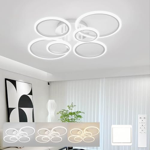 KeLuKes 80cm Moderne Led Deckenlampe Schlafzimmer, 6-Ring-Deckenlampen-Design, 60W Dimmbar Deckenleuchte mit Fernbedienung, 3000K-6000K, Weiß Küchendeckenlampe