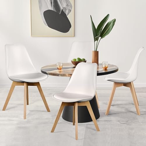 NEWBULIG Esszimmerstühle Satz von 4 Mid-Century Modern Dinning Stühle, Wohnzimmer Schlafzimmer Outdoor Lounge Stuhl PU Leder Kissen und Holzbeine, Weiß