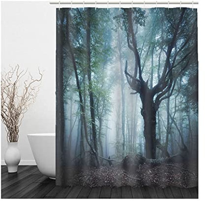 Skcess Duschvorhang Textil Braun Grün Grau, Polyester Duschvorhang Wasserdicht Wald Anti Schimmel Duschvorhang 165x180CM