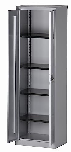 BISLEY Universal Flügeltürenschrank abschließbar - Stahlschrank schmal mit 3-Punkt-Schloss & Flügeltüren - Aktenschrank aus Metall mit 4 Fachböden für 5 Ordnerhöhen - Farbe: Silber