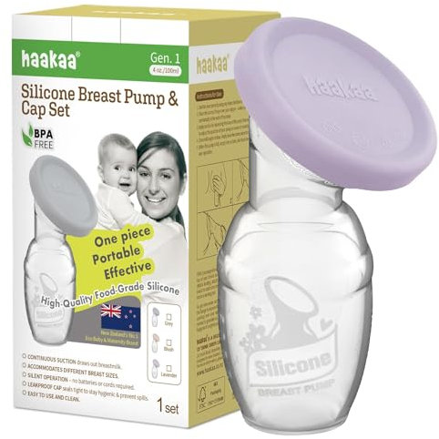 haakaa Manual Breast Pump Breastfeeding Pump with Food Silicone Cap (Lavender) 4oz/100ml