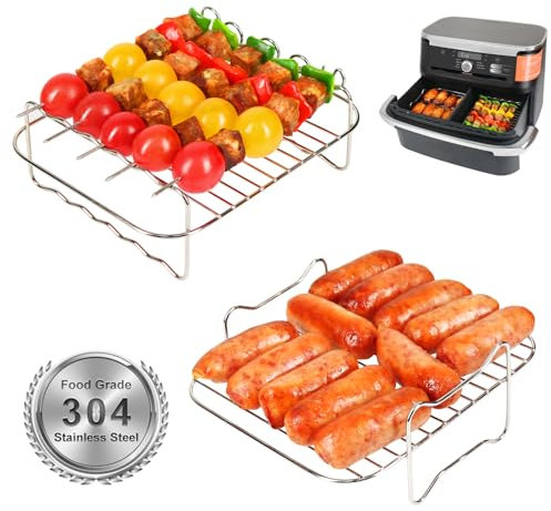 YQL Large Air Fryer Racks with 5 Skewers for Ninja Foodi Flexdrawer Dual Airfryer 10.4L AF500UK/ AF500UKCP, 2PCS 304 Stainless Steel Grill Racks Trays Air Fryer Accessories for Ninja AF500UK & Oven