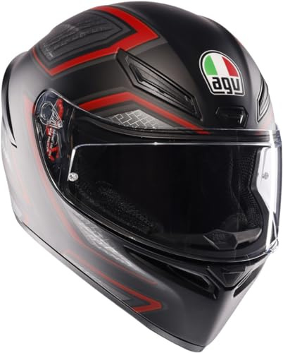 AGV - K1 S AGV E2206, Motorrad Helm, ECE Vollvisier Motorradhelm, Racing Style mit Aerodynamischem Spoiler, Kratzfestem Visier, 190° Sichtfeld, mit Intercom Ready, Sling Matt Black/Red, Unisex, L