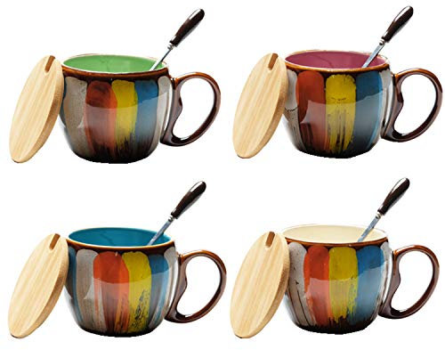 QIAOCEN Taza de café de cerámica Colorida, Taza de Desayuno para Pareja con Tapa de Taza, Cuchara, 4 Piezas, Taza Pintada a Mano de 400ml