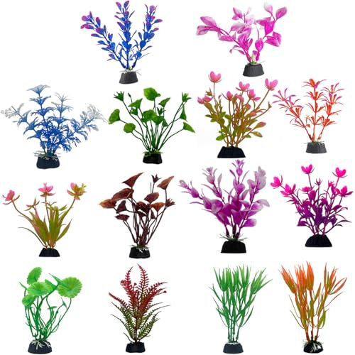 HSIXHAF 15 pcs Plantas de Acuario decoración, Plantas de plástico para Acuario Artificial Plantas Ornamentales para Acuario, Planta acuática de plástico con Diferentes tamaños, Colores y Formas