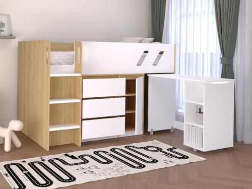 Vente-unique-Kombi-Bett 90 x 190 cm - Mit Schreibtisch & Stauraum - Holzfarben & Weiß + Matratze - SAGITI
