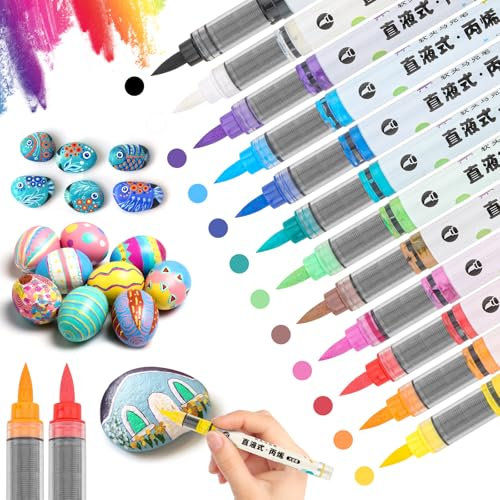 TWOHANDS 12 Couleurs Stylos à Peinture Acrylique, Stylos Marqueurs à Encre Acrylique Grand Volume, Marqueurs à Peinture au Pinceau pour la Pierres, Céramique, Verre, Galets, Tissu, Bois et Plus, 21700