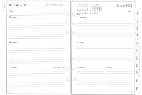2025 Wochenplaner Einlage A5 6 Löcher, Deutsch, 1 Woche 2 Seiten mit Tabs, Mehr Notizen Kontakt, Jan.2025-Dez.2025, Dick Papier, 100 gsm, Nachfüllpapier für Kalender 2025 Planer