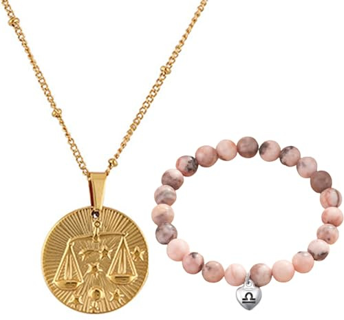 Caimeytie Collier et bracelet signe du zodiaque pour femme - Collier de constellation - Pendentif en acier inoxydable - Bracelet de perles élastique - Cadeau d'anniversaire