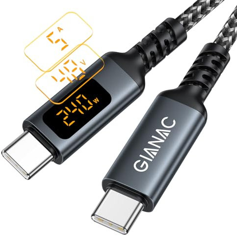 GIANAC 240W Cable USB C a USB C con Pantalla LED [2M] Cable de Carga Rápida PD 48V/5A Cable Tipo C Trenzado Nylon USB-C para iPad Air/Pro, MacBook Air/Pro,Galaxy,Google Pixel,Huawei,iPhone 15 etc