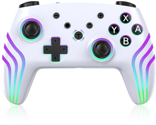 Hauibela Switch Pro Controller mit Veränderbare Coole RGB Lichter/6 Achsen Gyroskop/Dual Vibration/Turbo/Aufwachen, Präzise Gamepad, Wireless Controller für Switch/Lite/OLED Konsole, Weiß
