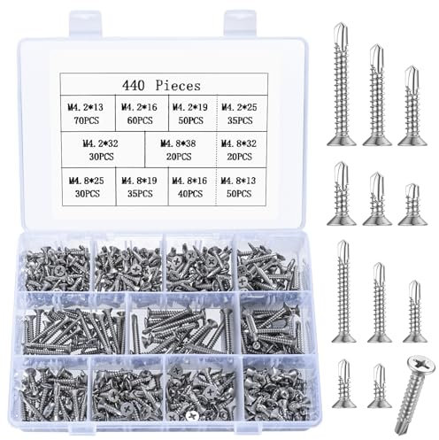 440 Pz Viti Autofilettanti per Metallo, M4.2 M4.8 Viti per Legno Autoperforanti, Viti a Testa Piatta, Viti a Testa a Croce Acciaio Inox, Kit Assortimento Viti Autoforanti per Metallo Plastica