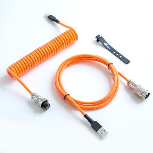 GUNMJO Pro Custom Premium Coiled USB C Cable for Gaming Keyboard, Double-Sleeved Mechanical Keyboard Cable with Detachable Metal Aviator, 1.5M USB-C to USB-A, Brilliant Orange Color