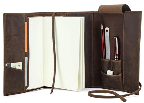 Hiram A5 Notebook Leather Cover Genuine Leather Protective Sleeve for A5 Notebook with Pen Slot and Leather Binding Band Notepad Storage Cover